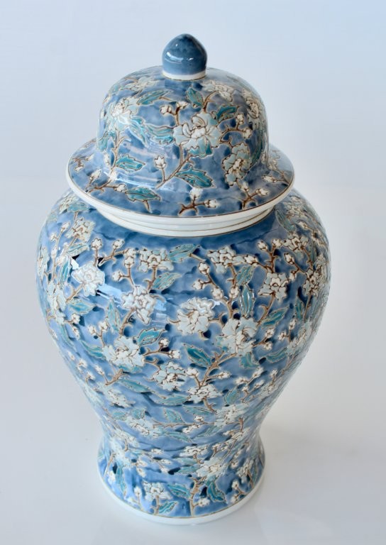 Large Blue Embossed Floral Ginger Jar